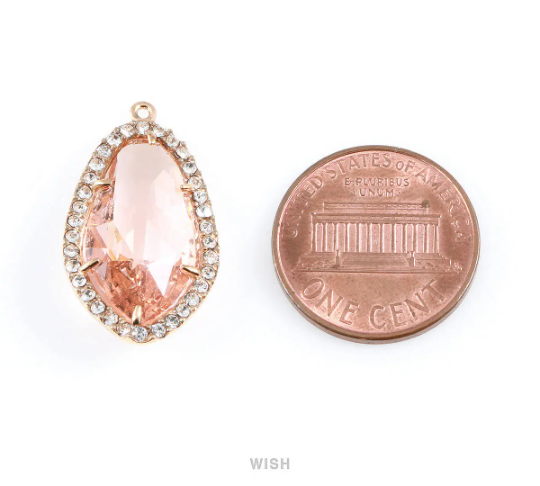 Briolette Clear Glass with Rhinestone in Rhodium, Framed Gem Pendant / GCLRH-043-P