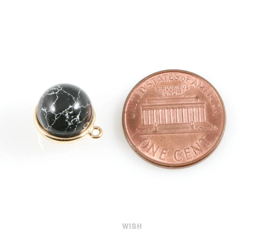 Black Marble Ball Stone Charm in Gold, Gemstone Framed Pendant / SBMG-046-P