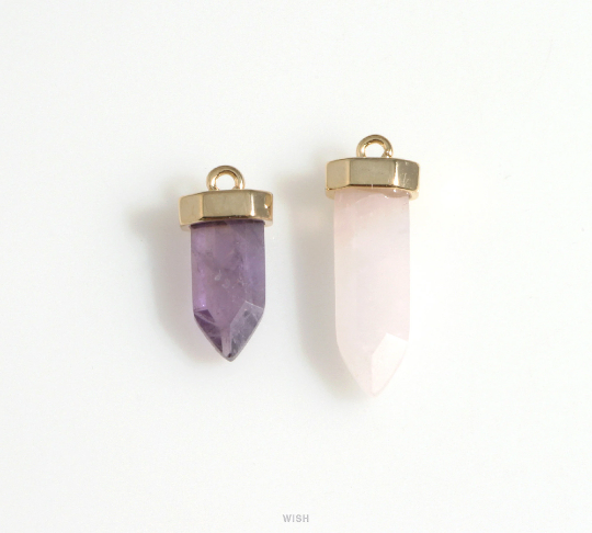 Rose Quartz Point Gemstone Charm in Gold, Rose Quartz Point Gemstone Pendant / SRQG-106-P