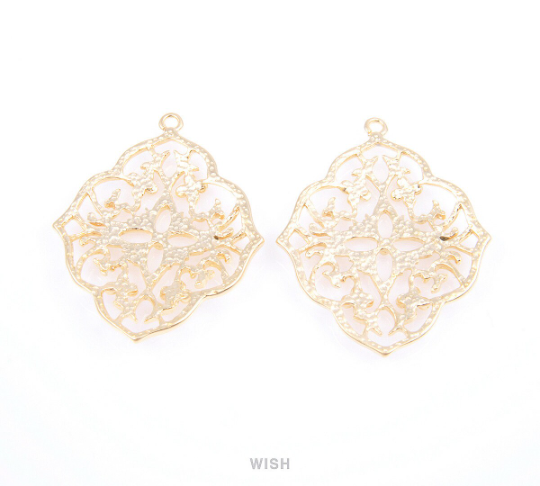 Floral Shield Pendants in Matte Rhodium, Oriental Floral Charm / MMRH-057-P