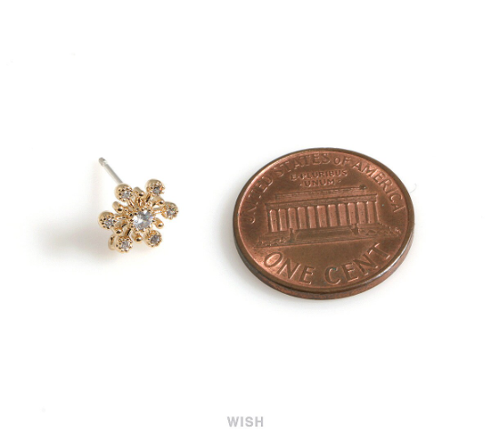 Snowflake Stud Earrings with CZ in Rhodium, CZ Snow Crystal Stud Earrings / CRH-076-E