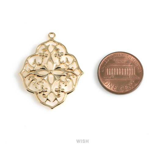 Floral Shield Pendants in Rhodium, Oriental Floral Charm / MRH-057-P