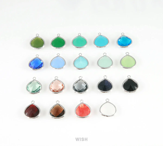 Mint Faceted Glass Charm in Rhodium, Framed Drop Glass Bead / GMTRH-001-P (Large)