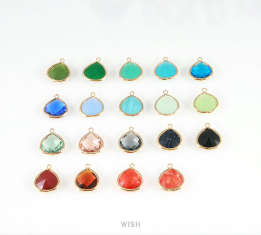 Aquamarine Faceted Glass Charm in Gold, Framed Drop Glass Bead / GAQG-001-P (Large)