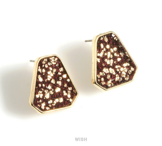 Six Angles Burgundy Fabric Drop with Gold Leaf Stud Earrings in Gold, Six Angles Drop Studs / MBGG-516-E