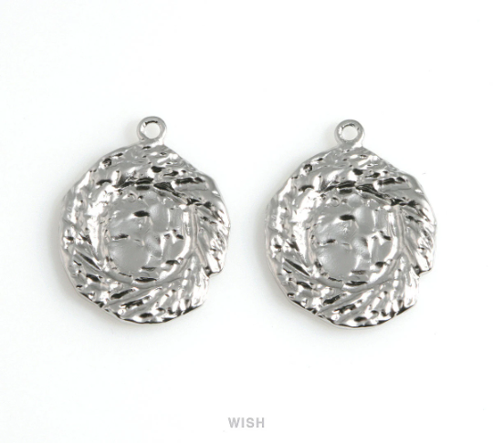 Hammered Coin Pendants in Matte Rhodium, Hammered Disc Charm / MMRH-526-P