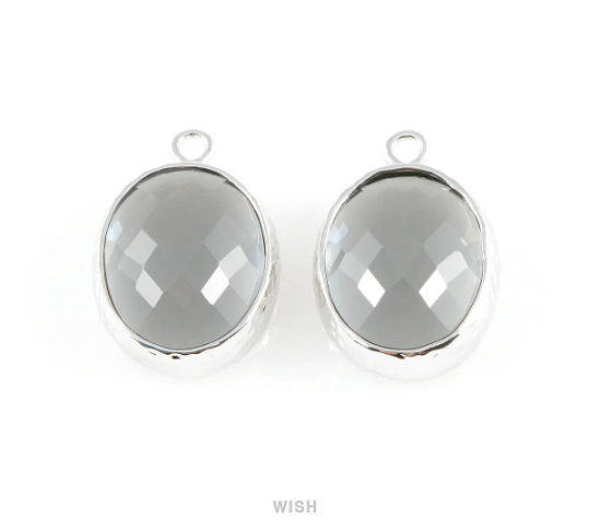 Charcoal Faceted Glass Charms in Rhodium, Framed Oval Pendant / GCCRH-009-P
