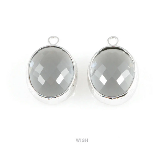 Charcoal Faceted Glass Charms in Rhodium, Framed Oval Pendant / GCCRH-009-P