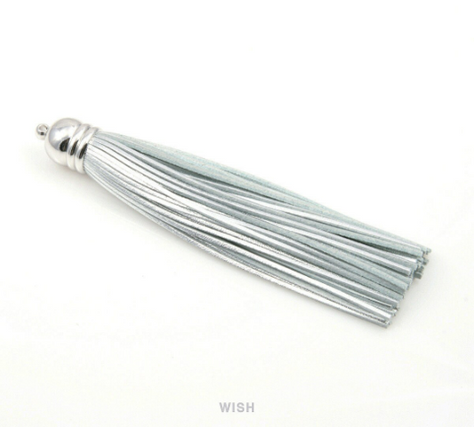 Silver Leather Tassel with Bell Cap in Rhodium, Pink Cowhide Tassel Keychain / LSVRH-006-T (1 piece)