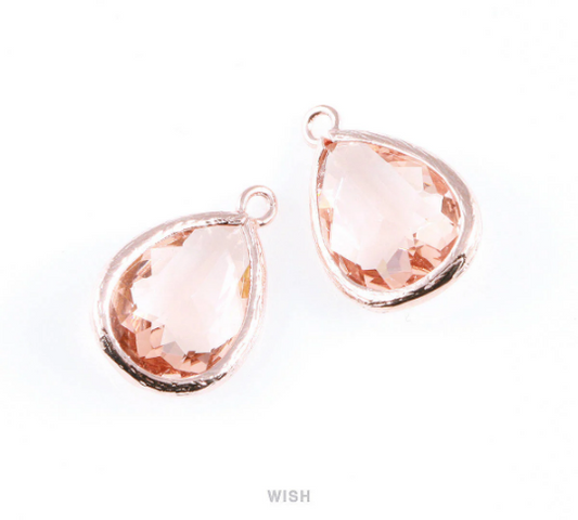 Peach Teardrop Glass Charm in Rose Gold, Framed Drop Glass Gem /  GPCRG-005-P