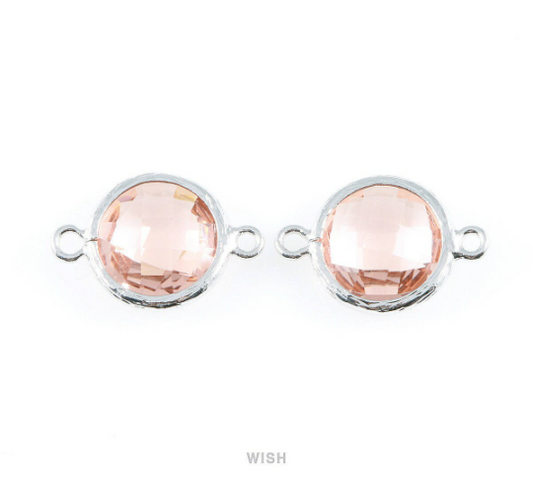 Peach faceted Glass Connector in Rhodium, Framed Round Glass Bead/ GPCRH-014-P