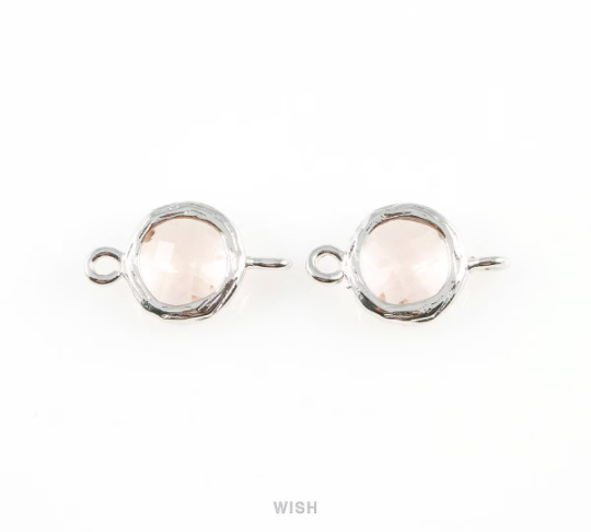 Peach faceted Glass Connector in Rhodium, Framed Round Glass Bead / GPCRH-015-P