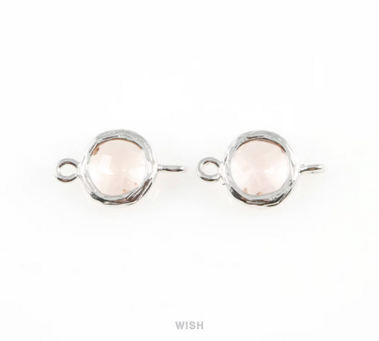 Peach faceted Glass Connector in Rhodium, Framed Round Glass Bead / GPCRH-015-P