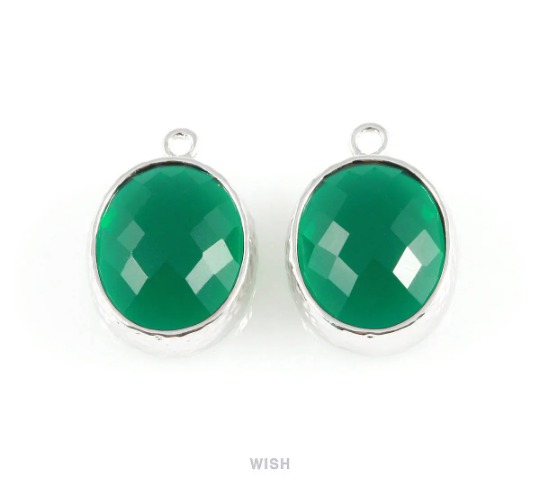 Emerald Faceted Glass Charms in Rhodium, Framed Oval Pendant / GEMRH-009-P