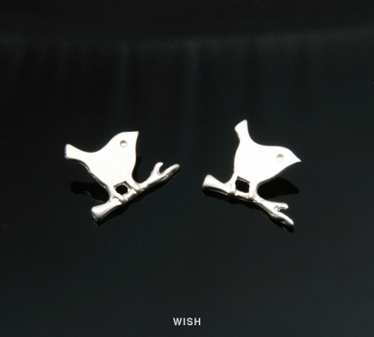 Small Bird on Twig Pendants in Matte Rhodium, Bird Charms / MMRH-112-P