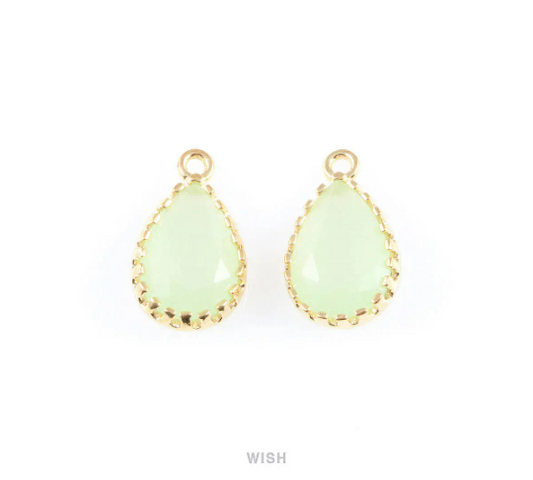 Light Mint Teardrop Glass Charm in Gold, Framed Drop Glass Gem /GLMG-017-P