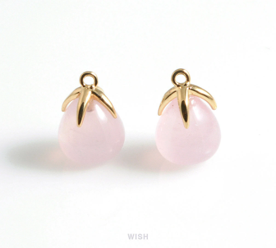 Rose Quartz Teardrop Gemstone Charm in Gold, Rose Quartz Gemstone Pendant / SRQG-105-P