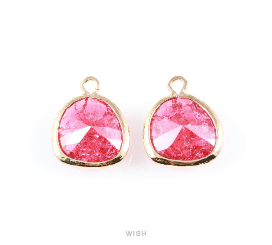 Ruby Sparkle Glass Charm in Gold, Framed Drop Glass Bead / GRBG-013-P