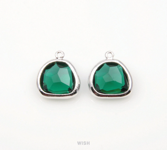 Emerald Pear Glass Charm in Rhodium, Glass Framed Pendant / GEMRH-093-P