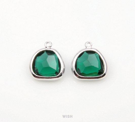 Emerald Pear Glass Charm in Rhodium, Glass Framed Pendant / GEMRH-093-P