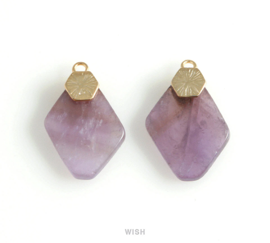 Amethyst Hexagon Gemstone Charm in Gold, Amethyst Hexagon Gemstone Pendant / STZG-108-P