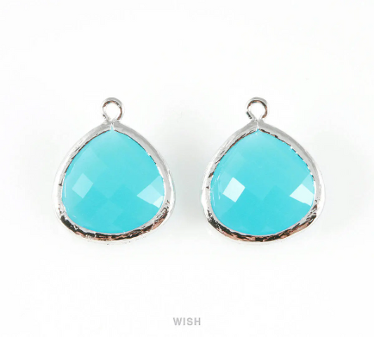 Ocean Blue Faceted Glass Charm in Rhodium, Framed Drop Glass Bead / GOBRH-001-P (Large)
