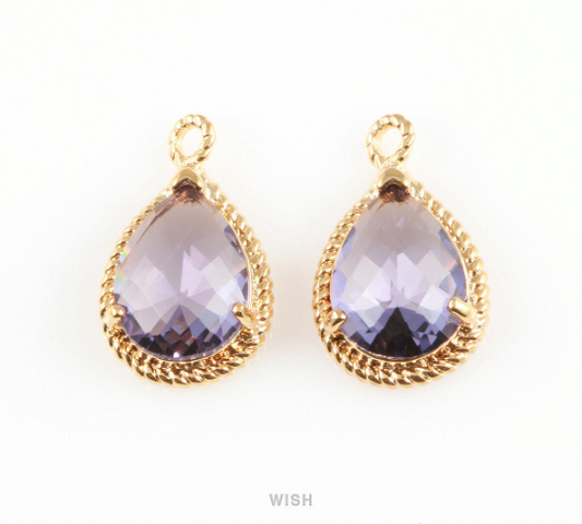 Amethyst Teardrop Glass Charm in Gold, Framed Drop Glass Gem / Birthstone / GTZG-006-P