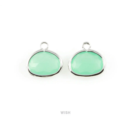 Mint Oval Glass Charm in Rhodium, Glass Framed Pendant/ GMTRH-039-P