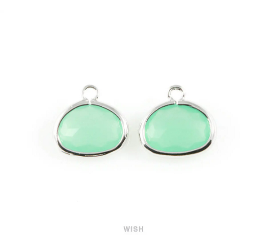 Mint Oval Glass Charm in Rhodium, Glass Framed Pendant/ GMTRH-039-P