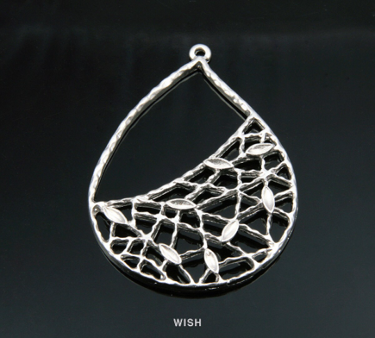 Leaves in Teardrop Pendants in Matte Rhodium, Net Teardrop Charms / MMRH-163-C