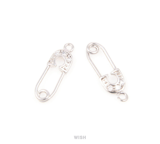 Safety Pin in Rhodium with 3 Cubic Zirconia, Safety Pin Charms / MRH-084-P
