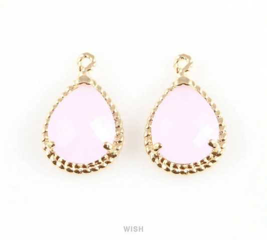 Rose Quartz Teardrop Glass Charm in Gold, Framed Drop Glass Gem/ GRQG-006-P