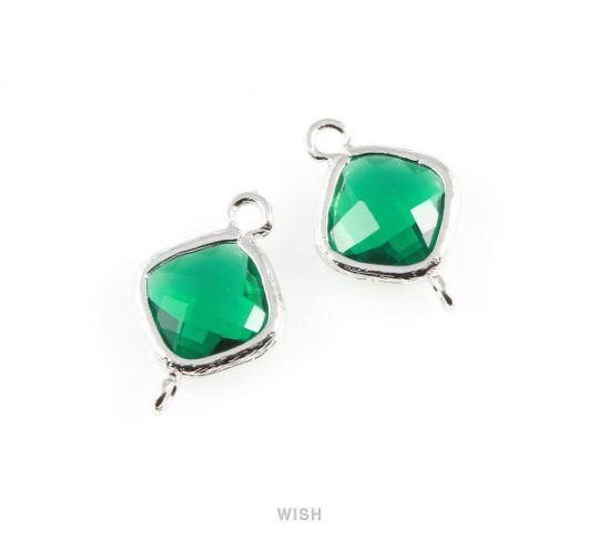 Emerald Rhombus Glass Connector in Rhodium, Framed Rhombus Connector / GEMRH-021-P
