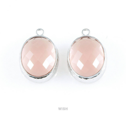 Peach Faceted Glass Charms in Rhodium, Framed Oval Pendant/ GPCRH-009-P