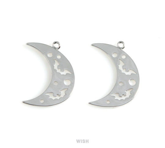 Bats in Crescent Pendant in Rhodium, Bats and Crescent Charm / MRH-484-P