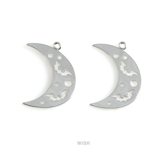 Bats in Crescent Pendant in Rhodium, Bats and Crescent Charm / MRH-484-P