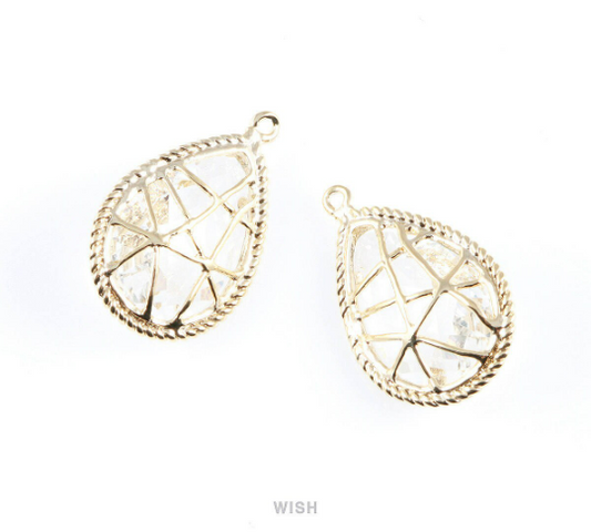 Clear Teardrop Glass Charms in Gold, Framed Drop Pendant / GCLG-022-P