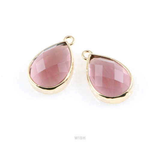 Burgundy Teardrop Glass Charm in Gold, Framed Drop Glass Gem / GBGG-037-P