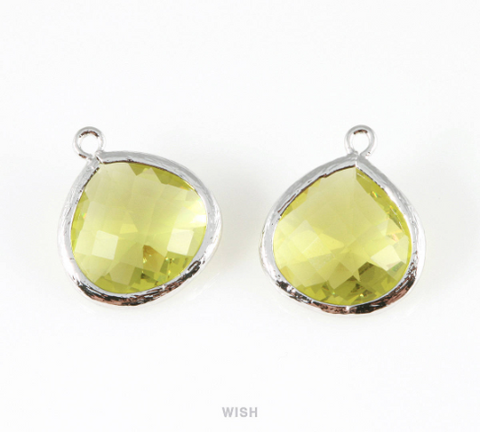 Apple Faceted Glass Charm in Rhodium, Framed Drop Glass Bead / GAPRH-001-P (Large)