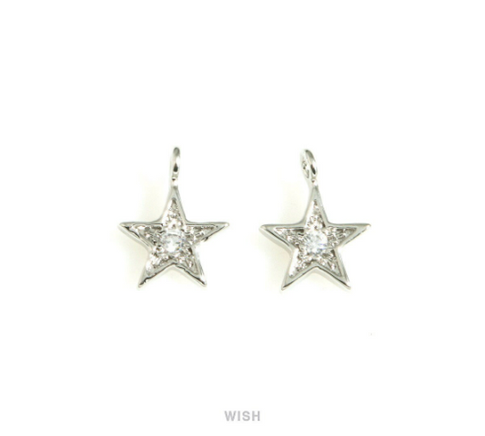 Star Cubic Zirconia Charms in Rhodium, Star Pendants with a Rhinestone / MRH-725-P