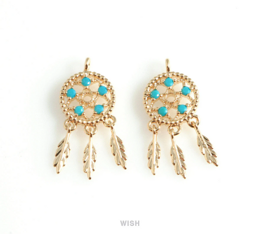 Turquoise Dreamcatcher Pendants in Gold, Dreamcatcher Charm / MG-441-P