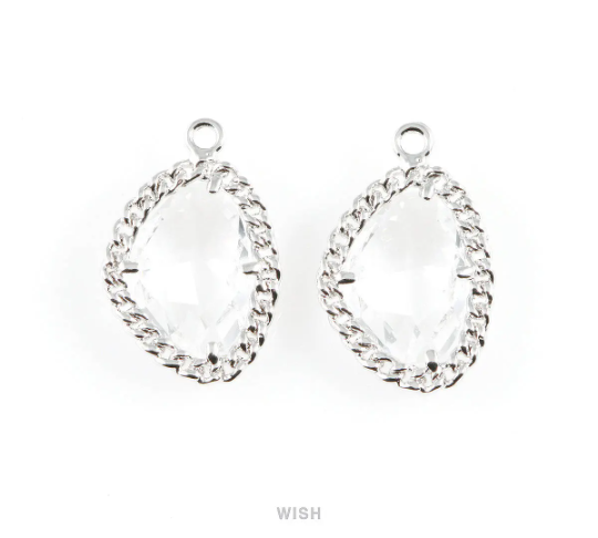 Clear Triangle Shape Pendants in Rhodium, Framed Triangle Charms / GCLRH-034-P