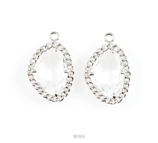 Clear Triangle Shape Pendants in Rhodium, Framed Triangle Charms / GCLRH-034-P