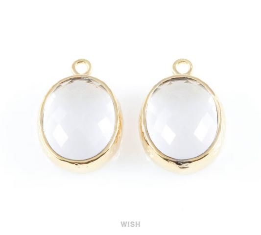 Clear Faceted Glass Charms in Gold, Framed Oval Pendant / GCLG-009-P