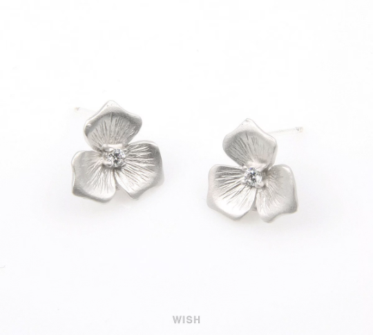 Flower with Cubic Zirconia Stud Earrings in Matt Rhodium, CZ Flower Ear Studs / MMRH-261-E