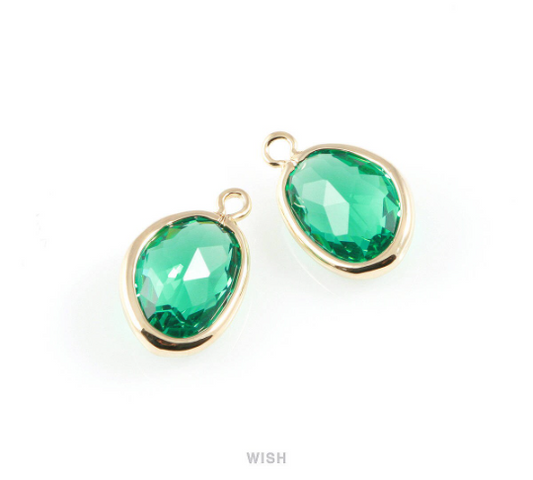 Emerald Pear Glass Charm in Gold, Glass Framed Pendant / GEMG-040-P