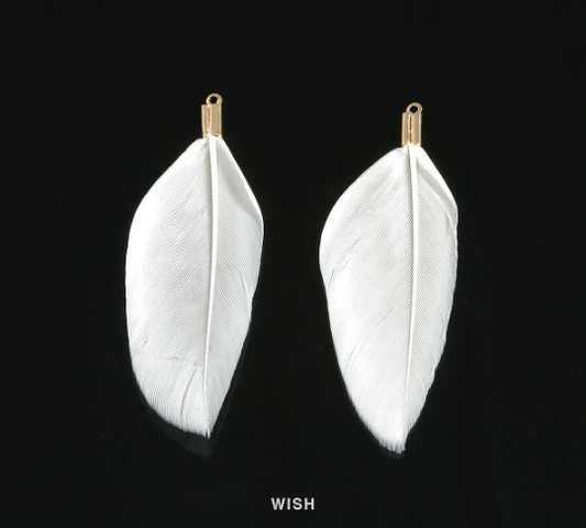 4 White Genuine Feather with Gold Loop, Feather Charm / FWHG-001-P