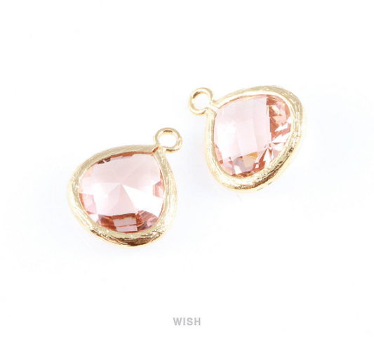 Peach Faceted Glass Charm in Gold, Framed Drop Glass Bead / GPCG-002-P (Medium)