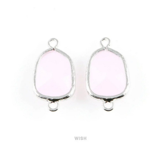 Rose Quartz Pentagon Glass Connector in Rhodium, Framed Pentagon Connector / GRQRH-025-C