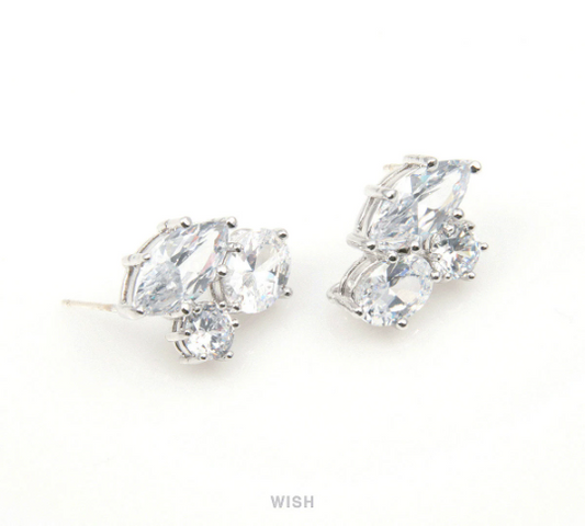 Cubic Zirconia Stud Earrings in Rhodium, Cubic Zirconia Ear Stud / CRH-024-E